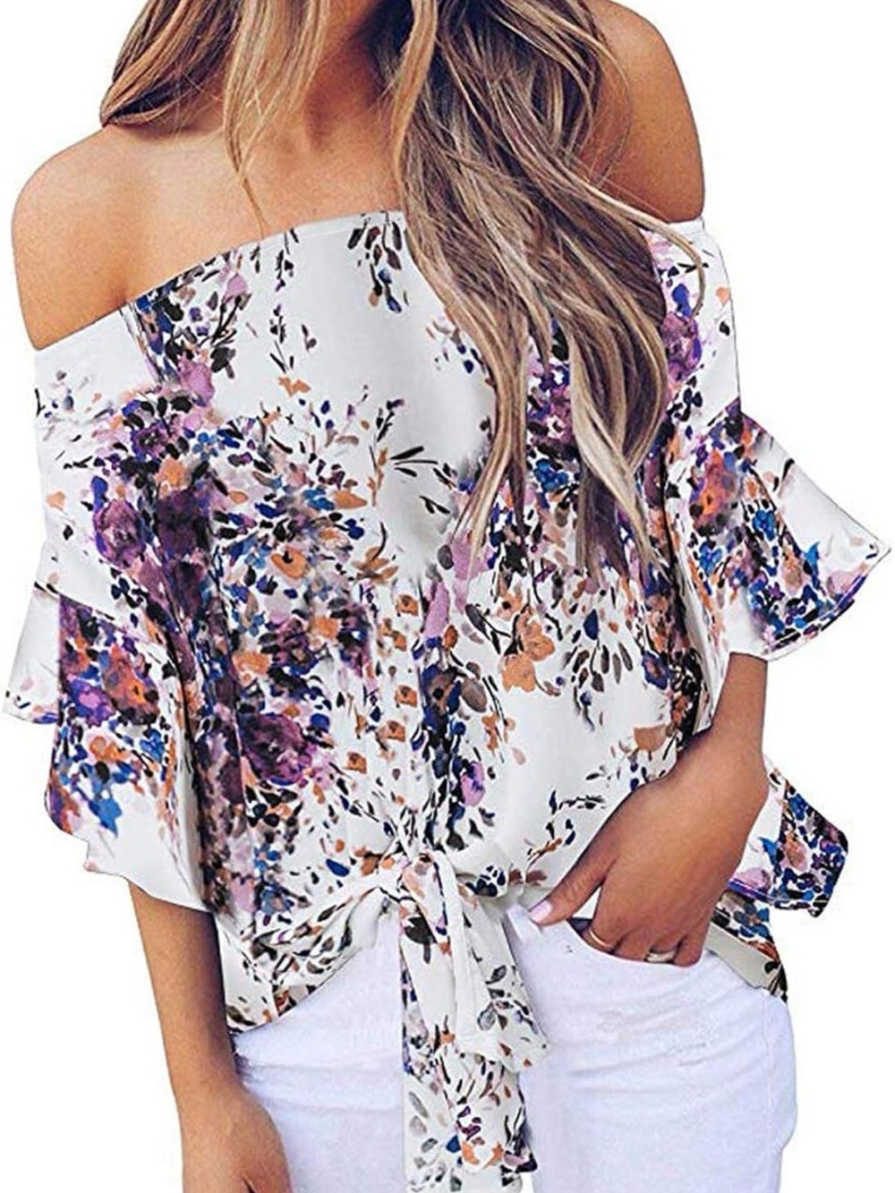 White Floral Off-Shoulder Tie-Front Women's Top